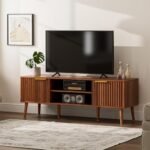 Mid-Century Modern TV Stand for Living Room - Fits 55/60/65" TVs, Console with Fluted Doors & Open Shelves, Walnut. - Image 6
