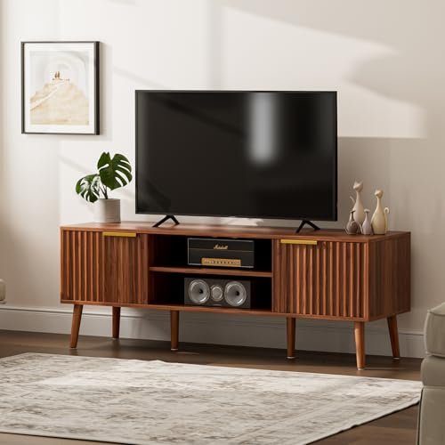 41uuIHjXDqL._SL500_.jpg Mid-Century Modern TV Stand for Living Room - Fits 55/60/65" TVs, Console with Fluted Doors & Open Shelves, Walnut. - Image 6