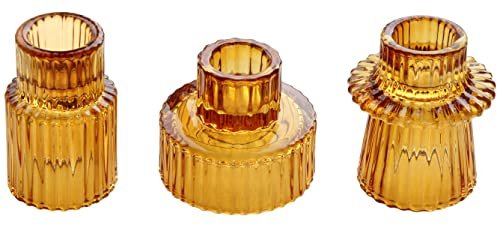 Vixdonos Amber Taper Glass Candlestick Holders for Tealights – Perfect Vixdonos Taper Glass Candlestick Holders Tealight Candle Holders for Table Centerpieces, Wedding Decor and Dinner Party (3 Pcs, Amber)