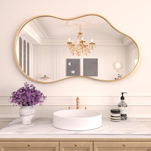 WEER 20x36 inch Gold Asymmetrical Wall Mirror – Decorative Aluminum WEER Irregular Wall Mirror, 20x36 inch Gold Asymmetrical Mirror Wall Mounted Mirrors Decorative, Abstract Wavy Aluminum Alloy Frame Mirror for Bathroom, Bedroom, Living Room, Entryway