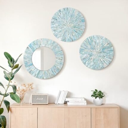TEIPAI Beach Mirror Wall Decor for Living Room, 3PCS Natural Mother of Pearl Coastal Wall Art Bedroom Bathroom Decoration, Handmade Ocean Round Wall Hanging Sculptures for Home Office Holiday Hotel