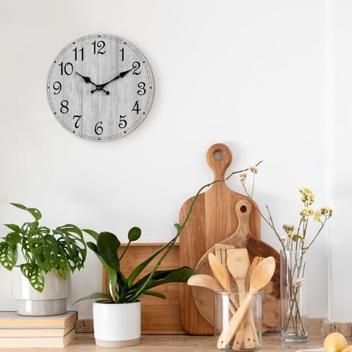 41wYQdRHkXL._SL500_.jpg HYLANDA Rustic Wall Clock - 8" Battery Operated, Silent Non-Ticking Wooden Clock for Kitchen, Bathroom, Living Room (Gray) - Image 4