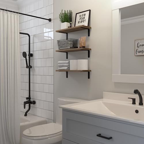 41xNjXML4oL._SL500_.jpg DOLLFIO Wall-Mounted Floating Shelves - 3 Set Wooden Shelves for Bedroom, Living Room, and Bathroom Décor. - Image 4