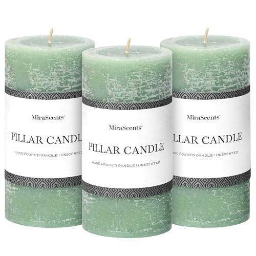 Set of 3 Unscented 3x6 Inch Sage Green Pillar Candles 3x6 Inch Sage Green Pillar Candles Set of 3 - Unscented Spring, Long Clean Burning, Large Smokeless Dripless for Home Decor, Dinner Table, Bathroom, Rustic Decor