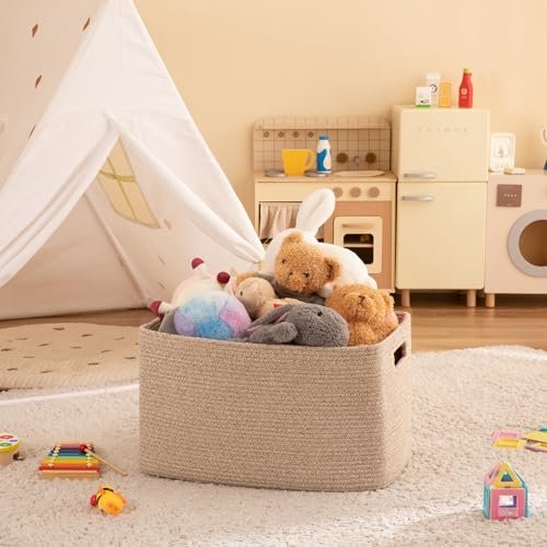 41xlsmtYRdL._SL500_.jpg OIAHOMY 75L Woven Blanket Storage Basket with Handle, Cotton Rope Organizer, 22”x17”x12”, Ideal for Living Room or Nursery Toy Storage, Brown Variegated. - Image 7
