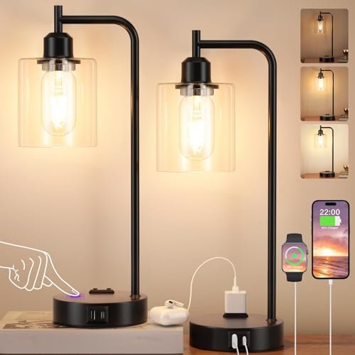 Set of 2 Industrial Touch Table Lamps - 3-Way Dimmable Industrial Touch Table Lamps for Bedrooms Set of 2 - 3-Way Dimmable Nightstand Lamps with USB C+A Ports and Outlet, Black Bedside Lamps with Glass Shade for Living Room, Desk Lamps for Home Office