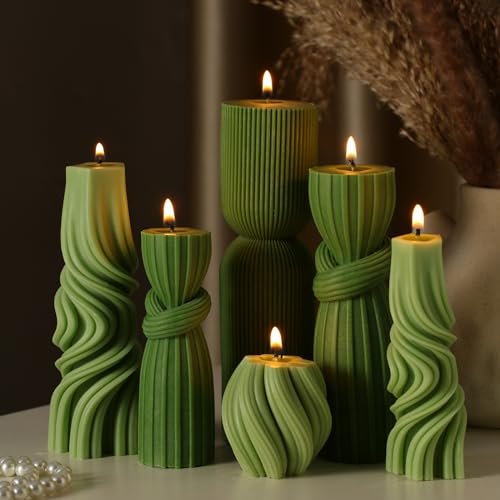 Threlaco 6-Piece Ribbed Pillar Candle Set: Modern Aesthetic Soy Wax Threlaco 6 Pcs Pillar Candles Modern Aesthetic Ribbed Decorative Candle Set Cute Soy Wax Scented Ribbed Decor for Home(Green,2.36-6.89 Inch)