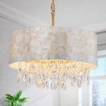LumFurn 4-Lights Drum Capiz Shell Crystal Chandeliers, Coastal Style Pendant Light Fixture for Dining Room, Living Room, D18 x 21~68"(Adjustable), Shell Lampshade & Gold Finish
