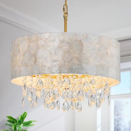 LumFurn 4-Lights Drum Capiz Shell Crystal Chandeliers, Coastal Style Pendant Light Fixture for Dining Room, Living Room, D18 x 21~68"(Adjustable), Shell Lampshade & Gold Finish