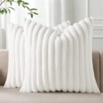 Pallene Faux Fur Plush Throw Pillow Covers 18x18 Set of 2, Luxury Soft Fluffy Striped Decorative Pillow Covers for Sofa, Couch, Living Room, White