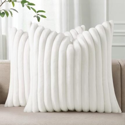 Pallene Faux Fur Plush Throw Pillow Covers 18x18 Set of 2, Luxury Soft Fluffy Striped Decorative Pillow Covers for Sofa, Couch, Living Room, White