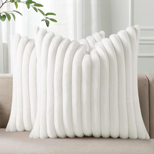 Set of 2 Pallene 18x18 Faux Fur Plush Throw Pillow Pallene Faux Fur Plush Throw Pillow Covers 18x18 Set of 2, Luxury Soft Fluffy Striped Decorative Pillow Covers for Sofa, Couch, Living Room, White