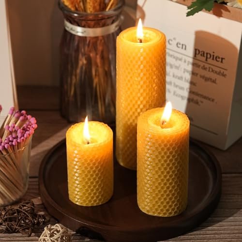 41zlAv42j7L._SL500_.jpg Hand-Rolled Pure Beeswax Pillar Candles, 3-Pack - Unscented, Smokeless, Dripless, 60-Hour Burn - Image 8