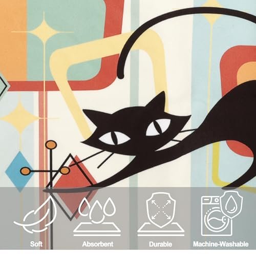 41zuITpcrgL._SL500_.jpg FNLNDO Mid Century Modern Cat Kitchen Towels Set: 2 Absorbent Retro Black Cat Dish Towels, 16"x28" - Image 4