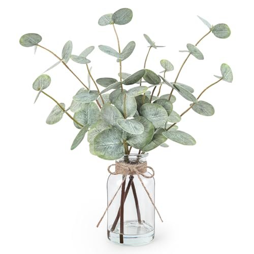 Bessol 13.5” Artificial Eucalyptus Stems in Glass Vase with Faux Bessol Artificial Eucalyptus Stems in Glass Vase with Faux Water, 13.5” Fake Plants for Home Decor, Coffee Table Centerpieces, Office, Bathroom & Farmhouse Weddings - Faux Greenery Plants Decorations