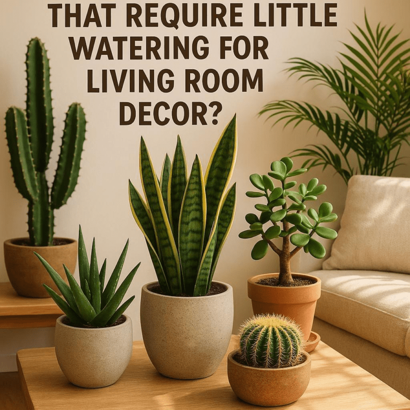 What are some plants that require little watering for living room decor?
