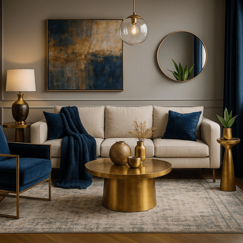 How can I incorporate metallic accents into my living room color palette?