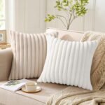 Set of 2 Pallene 18x18 Faux Fur Plush Throw Pillow Covers - Soft, Fluffy, Striped Decor for Couch or Living Room in White. - Image 3