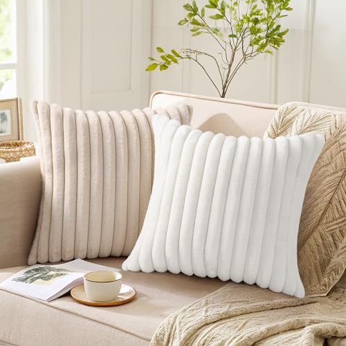 51Z6T6DljL._SL500_.jpg Set of 2 Pallene 18x18 Faux Fur Plush Throw Pillow Covers - Soft, Fluffy, Striped Decor for Couch or Living Room in White. - Image 3