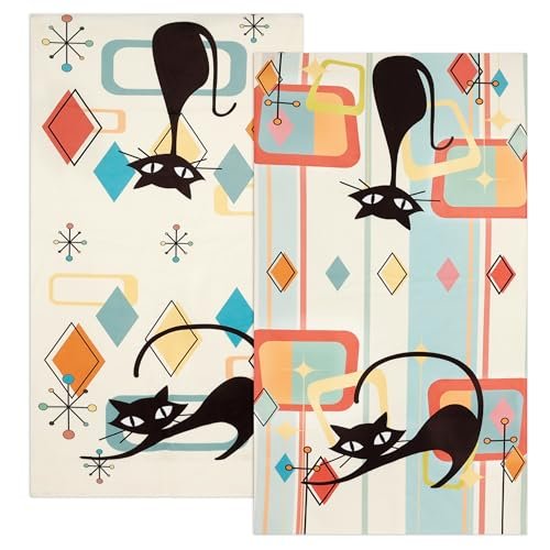 FNLNDO Mid Century Modern Cat Kitchen Towels Set: 2 Absorbent FNLNDO Mid Century Modern Cats Kitchen Towels Decorative Set 2 Pack Absorbent Retro Hand Towels Cute Black Cat Tea Towel Dish Towels for Kitchen Bathroom Home Decorations 16"x 28"