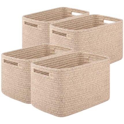 OIASKET Storage Baskets for Organizing, Woven Decorative Baskets for Shelves - Books, Towels, and Clothes, Cotton Rope Toy Storage Bins, 12.7''Lx9''Wx7.8''H, Pack of 4, Brown