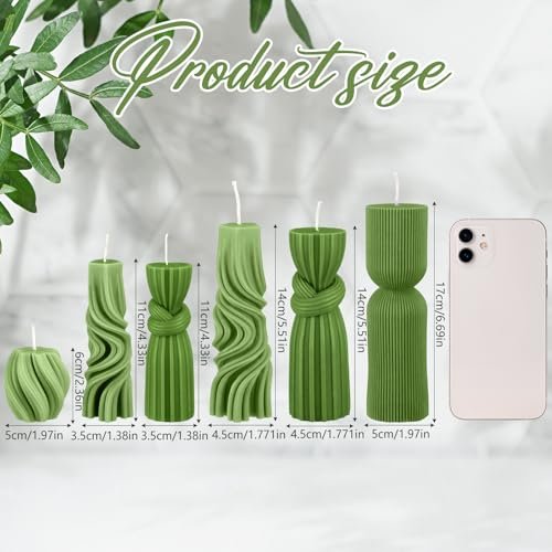 5116B2vP8NL._SL500_.jpg Threlaco 6-Piece Ribbed Pillar Candle Set: Modern Aesthetic Soy Wax Scented Decor for Home (Green, 2.36-6.89 Inches) - Image 2