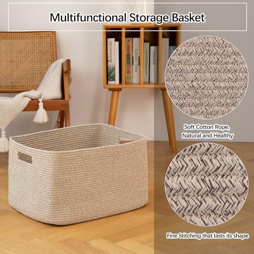 511GXZrvWML._SL500_.jpg OIAHOMY 75L Woven Blanket Storage Basket with Handle, Cotton Rope Organizer, 22”x17”x12”, Ideal for Living Room or Nursery Toy Storage, Brown Variegated. - Image 5
