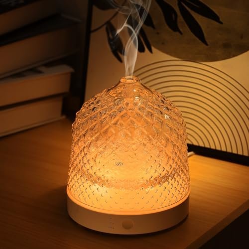 Lecdura 200ml Glass Essential Oil Diffuser: Ultrasonic Aroma Diffuser with Lecdura Glass Essential Oil Diffuser, 200ml Ultrasonic Aroma Diffusers with Glass Reservoir Dome & White Plastic Base Lock Color Auto-Off Timer 7 Color Light for Home Office Bedroom Yoga