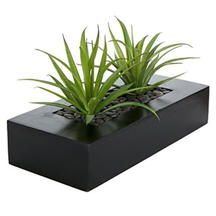 MyGift 10 Inch Fake Grass Artificial Plants in Rectangular Black Wood Planter - Faux Plants Indoor for Tabletop Centerpiece Décor