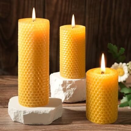 Pure Beeswax Pillar Candles,3 Pack Hand-Rolled Natural Beeswax Candles(1.77x3in,2x4in,2x6in) 60 Hours Burning Unscented Bees Wax Candle for Home,Smokeless&Dripless Pillar Candle for Meditation,Wedding