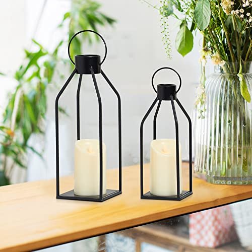 511eEbuZmL._SL500_.jpg HPC Decor Modern Farmhouse Lantern - Black Metal Candle with Timer & Flickering Light for Home & Outdoor Decor. Perfect for Living Room, Table, and Fireplace. - Image 2