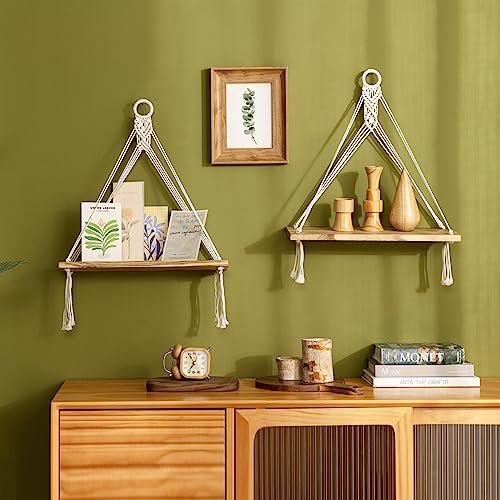 512D4WyvybL._SL500_.jpg Mkono Macrame Hanging Shelves Set of 2 - Boho Wall Decor, Rustic Wood Floating Storage for Bedroom, Bathroom, Living Room, and Nursery. Perfect for Plants and Photos! - Image 6