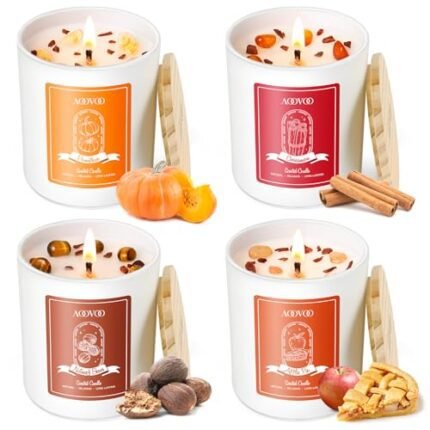 AOOVOO Fall Candles Set for Women - 4 Pack Candles for Home Scented, Aromatherapy Candle with Crystals Inside, 28 oz 200 Hour Long Lasting, Autumn Fragrance of Apple Pie/Cinnamon/Pumpkin/Nutmeg Beans