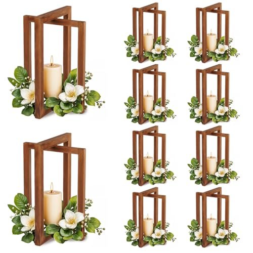 OurWarm 10-Piece Wedding Centerpieces: Rustic Wood Lantern Table Decorations for OurWarm 10Pcs Wedding Centerpieces for Tables, Foldable Centerpiece Table Decorations Center Pieces Decoration for Table, Rustic Wood Lantern Centerpieces for Tables Wedding Party Table Decor (Brown)