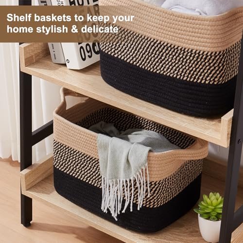 517bE9H7HYL._SL500_.jpg OEASKET Storage Baskets for Organizing | Pack of 3 Decorative Woven Bins for Shelves, Closets, Toys, and Nursery (Black & Brown) - Image 5