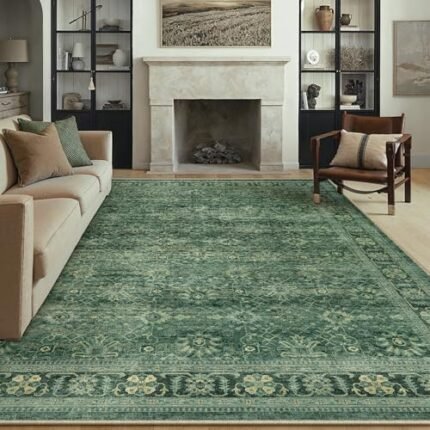 PureCozy 8x10 Washable Rugs Living Room Green Vintage Distressed Large Area Rug Non Slip Low Pile Floral Carpet Indoor Office Retro Rug for Bedroom Dining Room