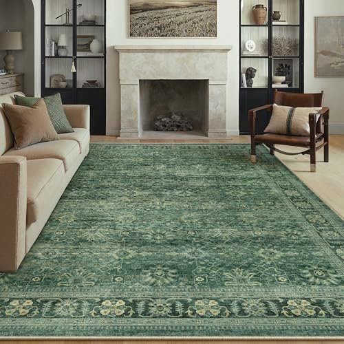 PureCozy 8x10 Washable Green Vintage Distressed Area Rug - Non-Slip PureCozy 8x10 Washable Rugs Living Room Green Vintage Distressed Large Area Rug Non Slip Low Pile Floral Carpet Indoor Office Retro Rug for Bedroom Dining Room