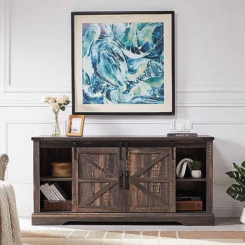 518G64S4jqL._SL500_.jpg OKD Rustic Electric TV Stand for 65"+ TVs with 18" Fireplace, Barn Doors & Storage - Dark Oak Cabinet - Image 5