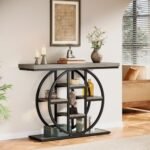 Celaform 41" Industrial Console Table with Circle Base & 4 Storage Shelves for Entryway (Grey) - Image 4