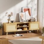 SUPERJARE Boho TV Stand for 65-Inch TVs, Adjustable Rattan Media Console with 2 Cabinets - Perfect for Living Room - Image 5