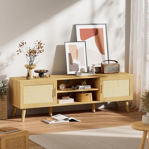 51AmsogqSL._SL500_.jpg SUPERJARE Boho TV Stand for 65-Inch TVs, Adjustable Rattan Media Console with 2 Cabinets - Perfect for Living Room - Image 5