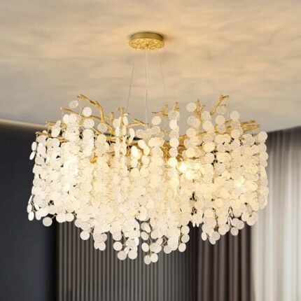 VBKK Coastal Chandelier 32 Inch, 10-Light Living Room Gold Chandelier, Beach Style Crystal Chandeliers for Dining Rooms, Bedroom, Foyer, Kitchen Island, Entryway, E12