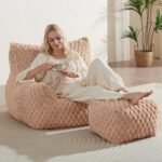 Modern Bean Bag Chair with Ottoman - Cozy Faux Fur Lounger for Adults & Teens, Memory Foam Gaming Chair (Camel) - Image 3