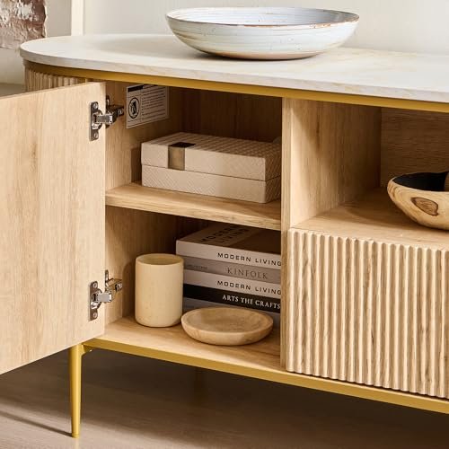 51CgSHdNztL._SL500_.jpg OKD 70" Luxury Fluted TV Stand - Modern Entertainment Center for TVs Up to 80", Faux Marble Top, Curved Design, Natural Oak Media Console for Living Rooms - Image 5