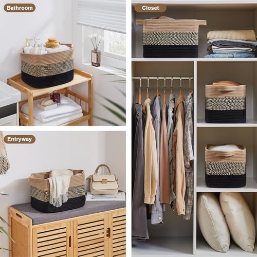 51Eag627XzL._SL500_.jpg OEASKET Storage Baskets for Organizing | Pack of 3 Decorative Woven Bins for Shelves, Closets, Toys, and Nursery (Black & Brown) - Image 7