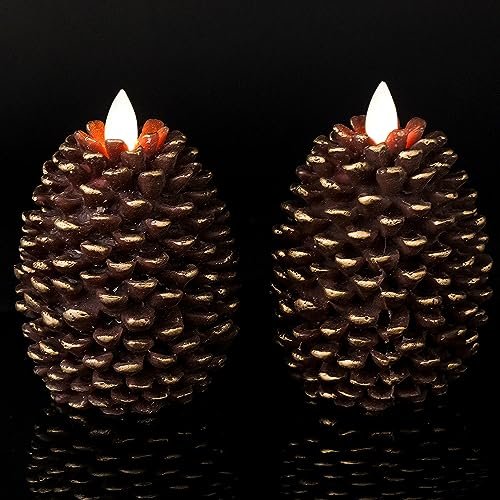Wondise Flameless Candles with Timer - Real Wax Pine Cone Wondise Flameless Candles with Timer, Battery Operated Flickering Wick Real Wax Pine Cone Candles for Holiday Indoor Decoration, Set of 2, Brown(D3.5 x H4.7 Inch)