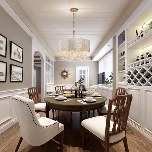 51G6bcu6N0L._SL500_.jpg LumFurn 4-Light Drum Capiz Shell Crystal Chandelier - Coastal Pendant for Dining Room, Adjustable D18x21-68" with Gold Finish. - Image 5