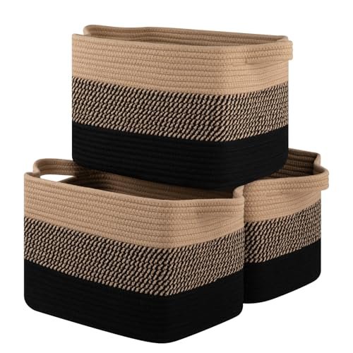 OEASKET Storage Baskets for Organizing | Pack of 3 Decorative OIASKET Storage Basket for Organizing, Woven Baskets for Storage, Rectangle Decorative Baskets for Shleves, Closet, Toys, Books, Nursery Organizer Bins - Pack of 3 (Black & Brown)