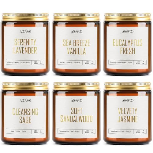 AOOVOO 6PC Scented Candle Set - Soy Aromatherapy Candles in AOOVOO Candles Set - 6PC Scented Candles, Soy Candle, Aromatherapy Candle, Soy Wax Candle, Candle for Home Scented, Lavender/Vanilla/Eucalyptus/Sage/Jasmine/Sandalwood