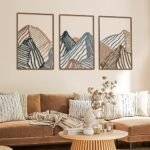 Peryiter 3 Pcs Metal Wall Art Decor Landscape Mountain Wall Hanging Decor for Living Room Abstract Minimalist Modern Mountain Line Pictures Summer Bathroom Office Home Gifts Indoor(Vibrant Colors)